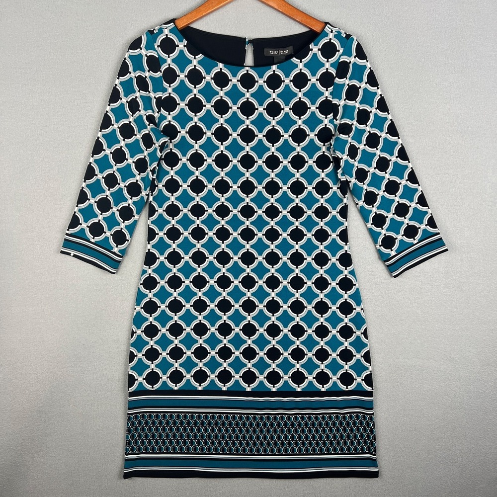 White House Black Market Black Teal Geometric Pattern‎ Shift Dress Mod Retro